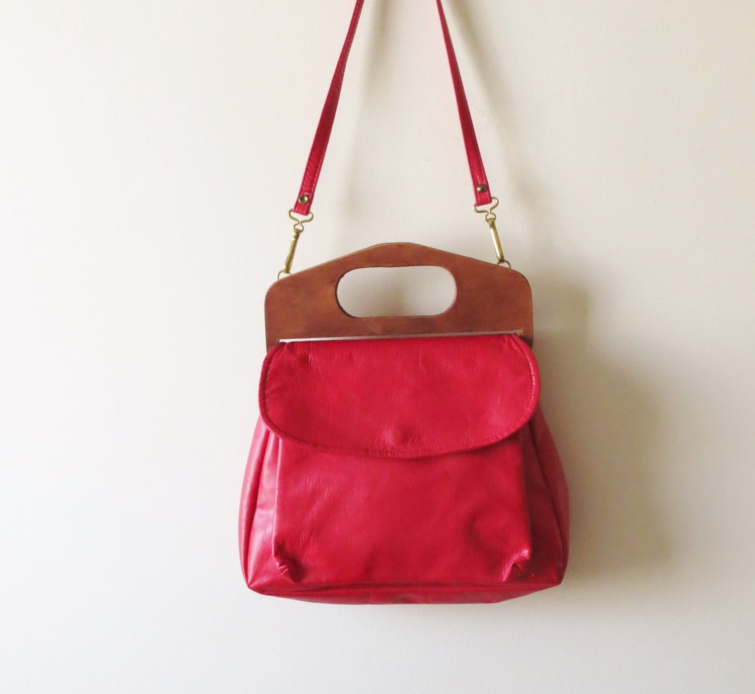 80s Cabrelli Purse Red Handbag with Wood Handle Faux Vegan