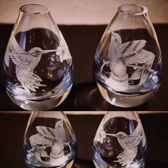 Hand Engraved Bud Vase Small Glass Vase Hummingbird Vase