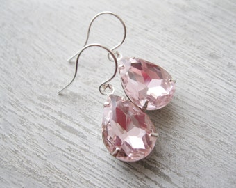 Light Pink Teardrop Earrings, Bridesmaid Earrings, Pink Wedding, Silver Plated, Summer Bridal Jewellery, Baby Pink, Old Hollywood Glam, Prom