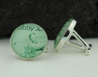 Golf Silver Cufflinks for Men. These Unique Cufflinks feature a Vintage Bobby Jones Stamp set in Solid Sterling Silver Cufflink Backs.
