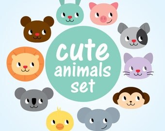 Cute animals clipart, bear, cat, chicken, elephant, koala, lion, monkey, pig, rabbit. 9 set, png transparent background
