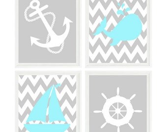Nautical Nursery Art, Gray, Aqua, Baby Boy Nursery, Anchor Art, Whale, Sailboat, Chevron Print, Boy Room, Nautical Theme, Baby Gift, Art Set