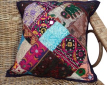 Brown - Kutch Hand Embroidery Mirror Work Quilted Cushion Cover (16 x 16 in) 08