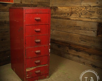 Vintage Industrial 6 Drawer Red Wooden Cabinet Parts Storage Decor