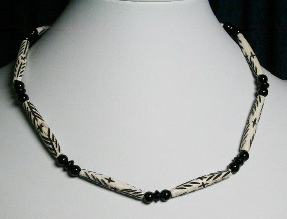Men's Carved Bone Necklace Black and White by JewelryByLadyM