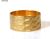 Gold wide man wedding ring rhombus geometric textured , 14k art deco stars engraved pattern mens 14k gold wedding band
