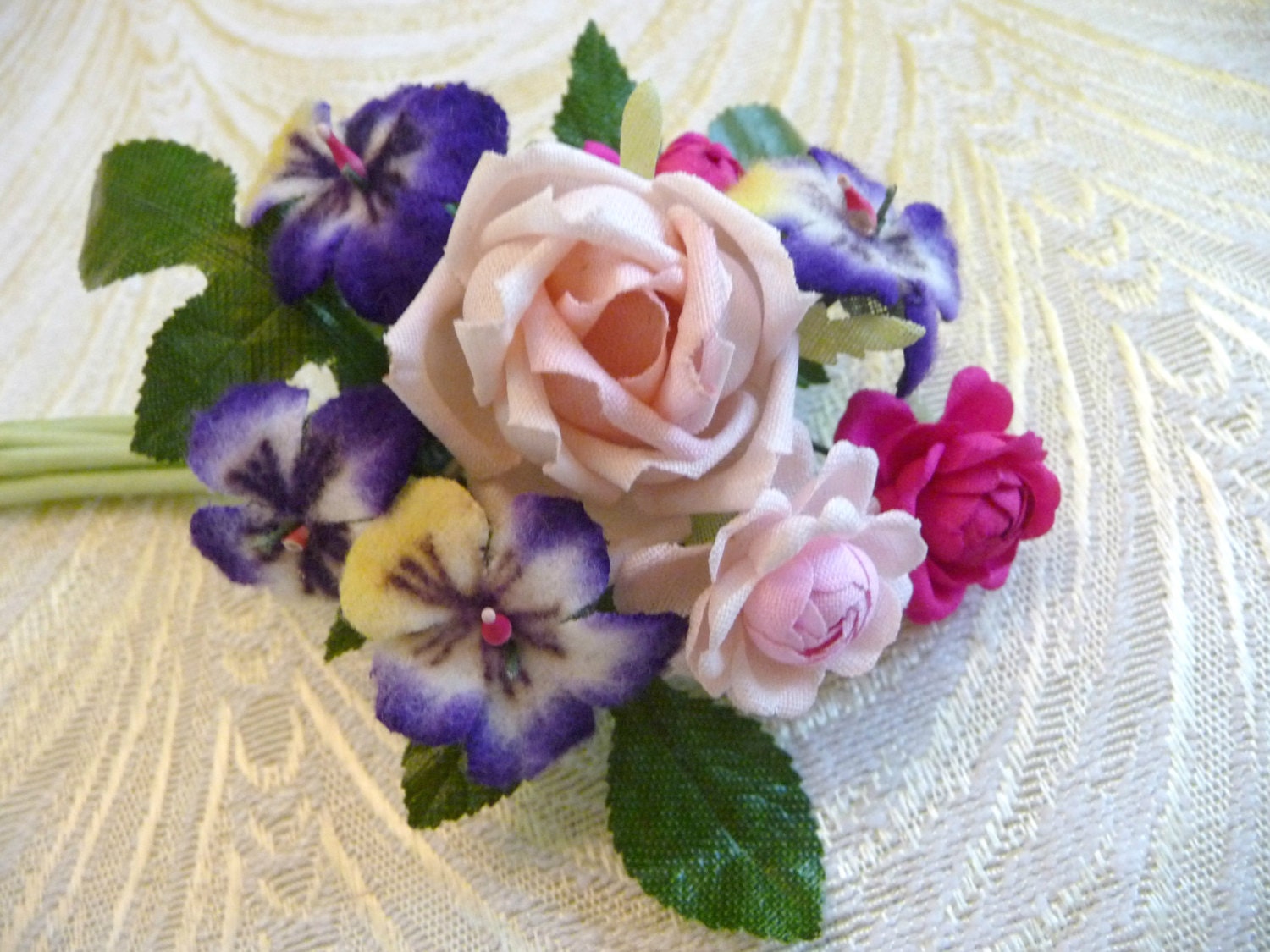 Vintage Millinery Posie Bouquet Small Pink Roses Purple Velvet