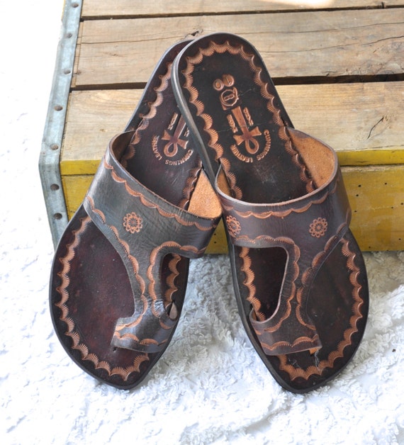 Leather Toe Sandals/ Bohemian Hippie Tooled by NettysGirlVintage