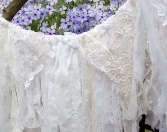 Vintage Wedding Garland With Beaded Lace Photography Prop, Birthday Wedding Garland, Baby Shower Garland, Baptism Garland 33" by 25"