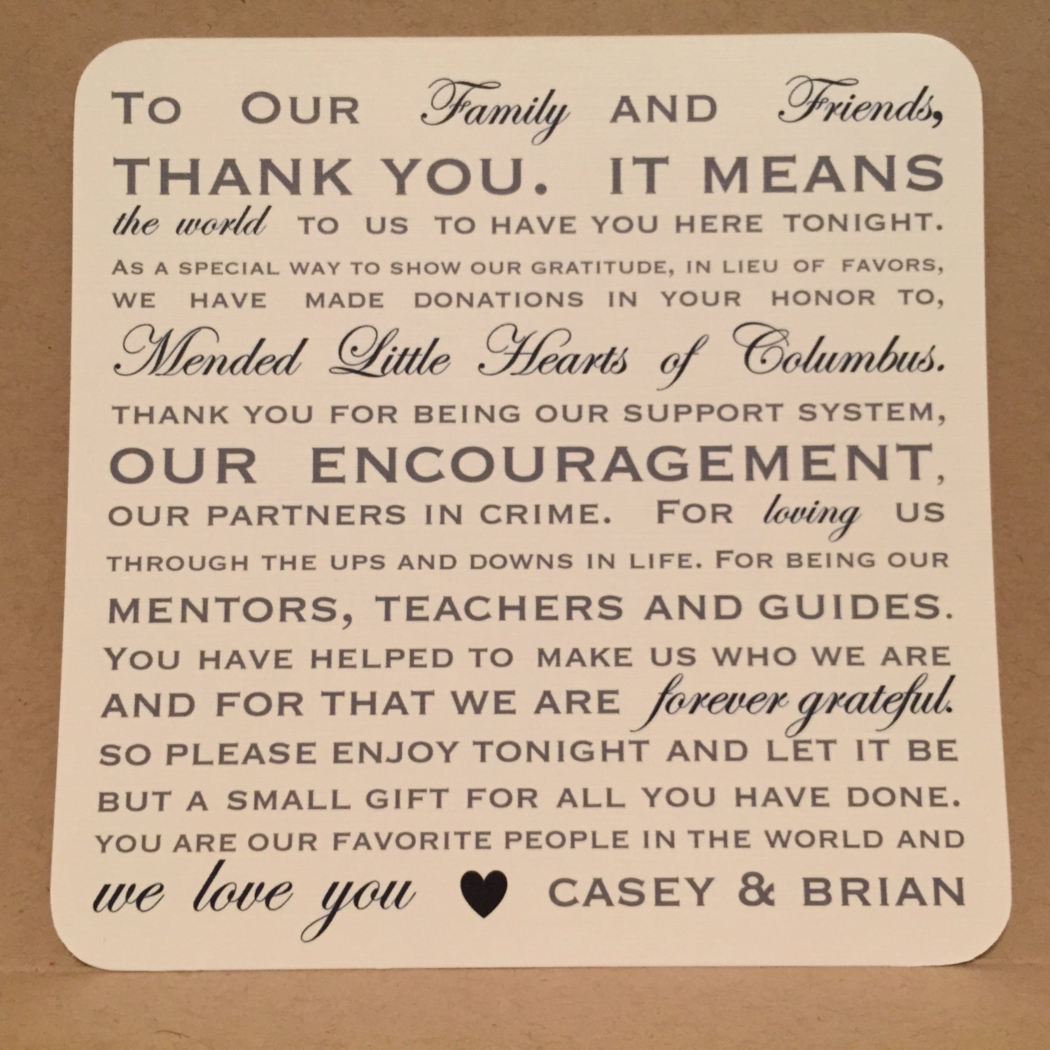 Donation Favor Thank You Wedding Reception Cards PlaceCards