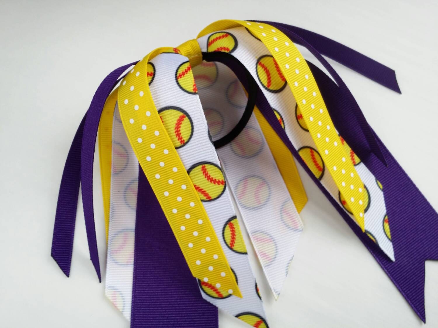 Purple and yellow softball hair ribbons team hair bows polka