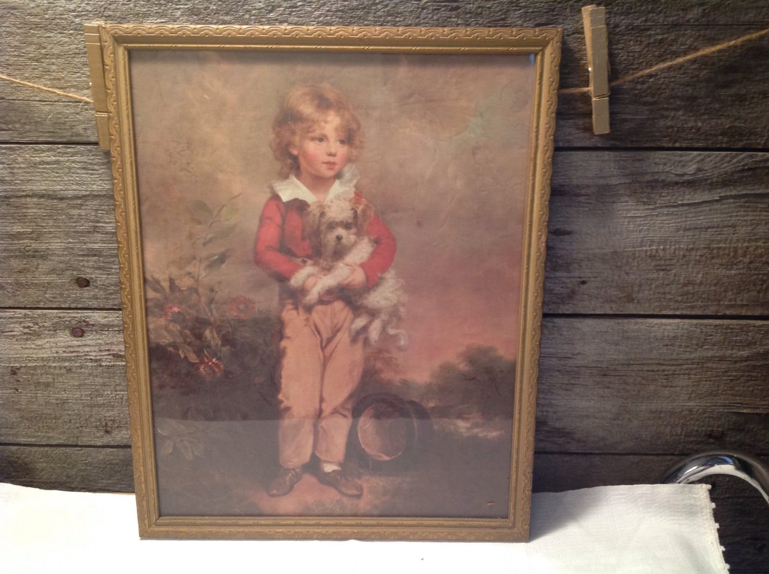 Vintage Victorian-esque print framed in wood frame little boy