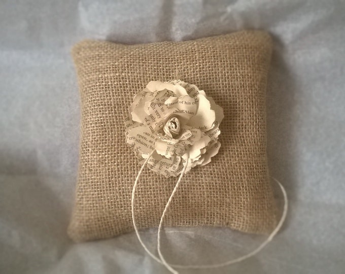 Book Page Rose , Burlap Ring Bearer Pillow , Made to order,