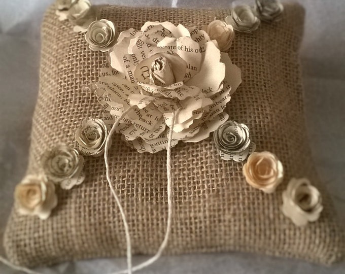 Book Page Rose , Hessian Ring Bearer Pillow , Book Page Flower Ring Cushion, Made to order, Free Shipping