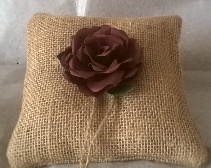 Burlap Ring Bearer Pillow with Brown Rose, Ring Cushion, Made to order