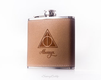 Deathly Hallows Flask - Always, inspired by Harry Potter - 6oz Engraved Hollow Leather Hip Flask