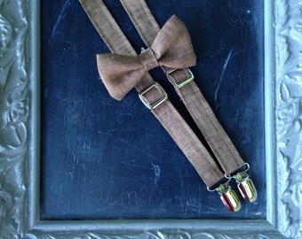Adult Mens Suspenders Bow Tie set Brown Linen