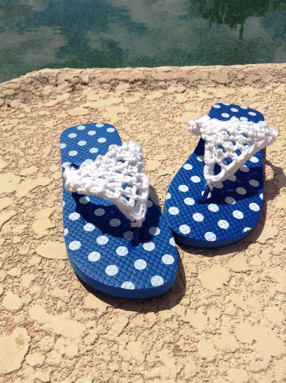 Items similar to Blue & white polka dot flip flops on Etsy