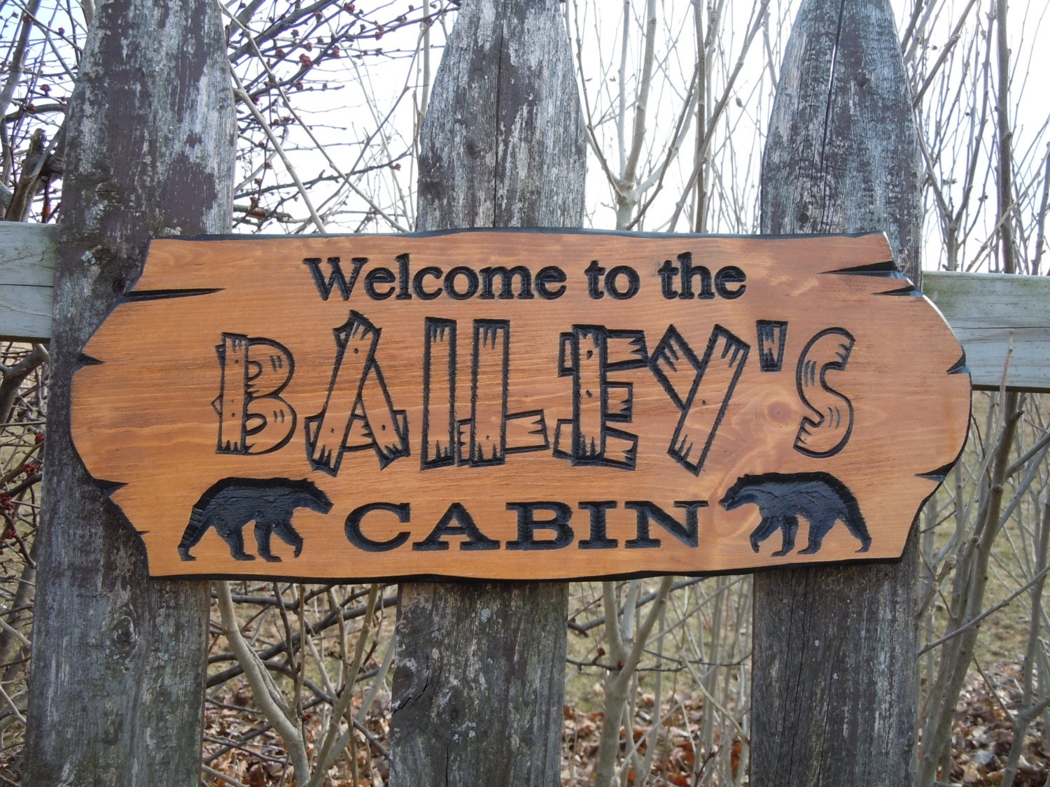cabin sign last name personalized wooden carved rustic hunting