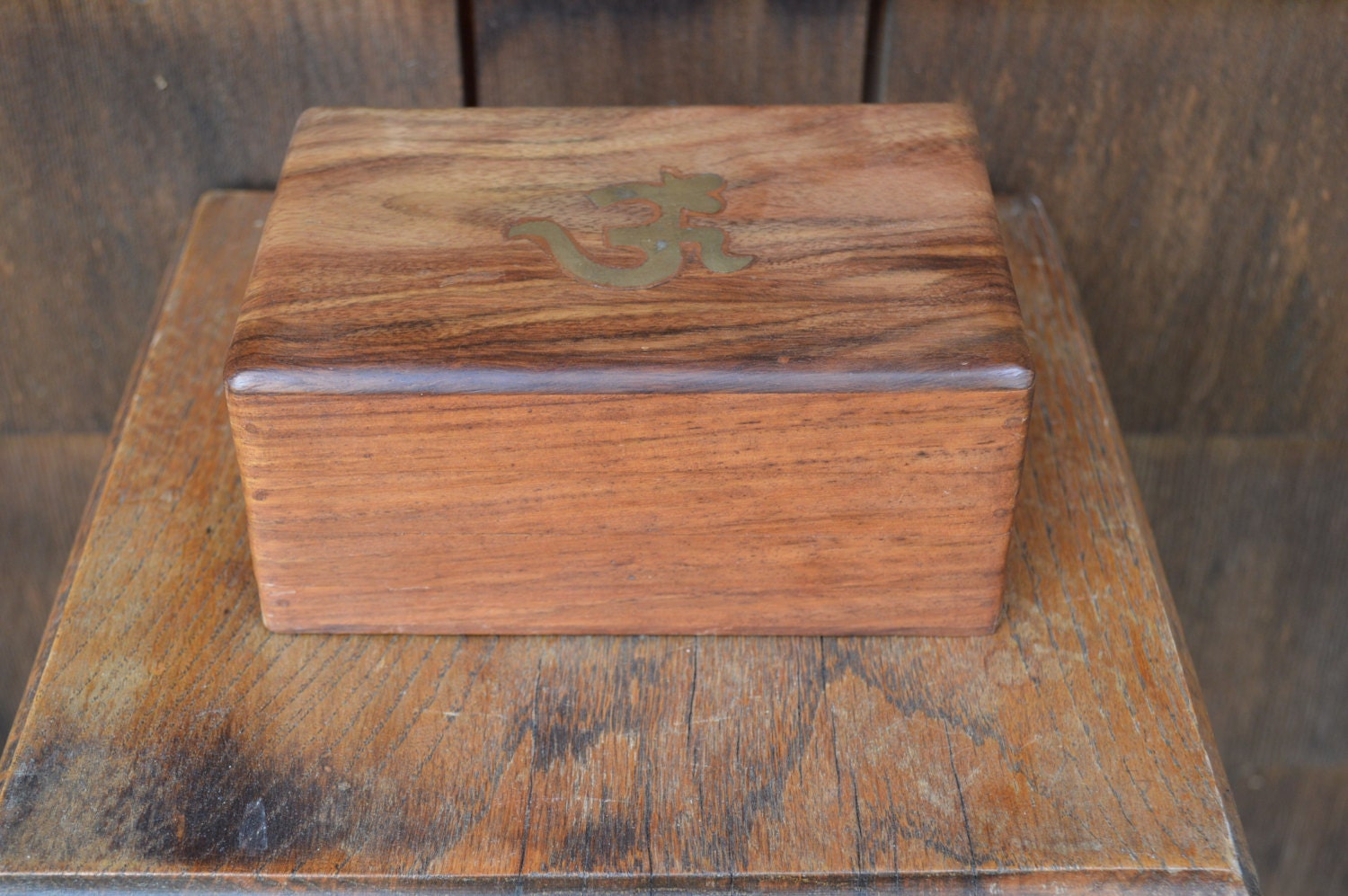 Wooden Box with Secret Opening Latch and Brass Embed Ohm
