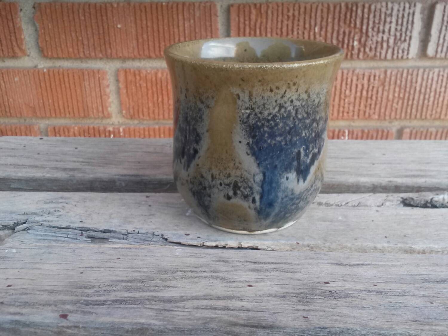 Blue and brown pottery cup with no handle coffee mug tea cup