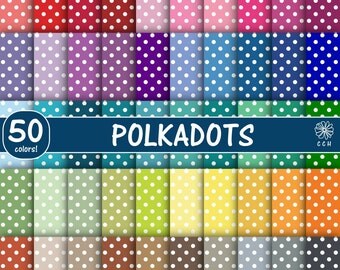 50 Polka Dot Digital Papers - white polka dots on colored backgrounds - pastel-vintage-natural-bright - Commercial Use - Instant Download