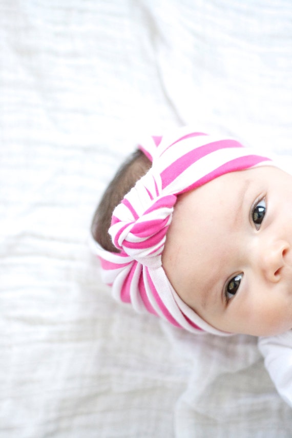 Pink and White Stripe Baby Girls Knot Turban Headband. Infant