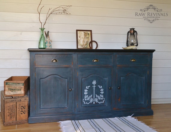 Large Rustic Three Door Navy Blue Sideboard with by RawRevivals