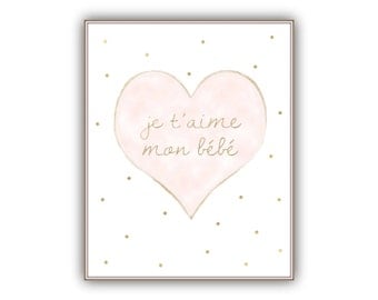 Download Je t'aime Mon Bebe Printable, French Nursery Decor, French theme Baby Shower Gift, New Baby Girl Gift, I love you baby print art