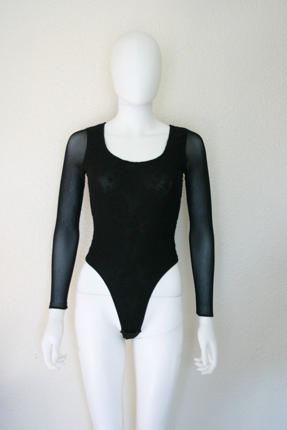 BLACK Mesh Lace Bodysuit / 90's Women's by DEEEPWATERVINTAGE