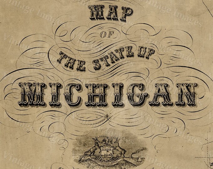 Vintage Michigan map, vintage 1856 old map of Michigan, Old Antique Restoration Hardware Style wall Map, Lake Michigan map. Fine Art Map