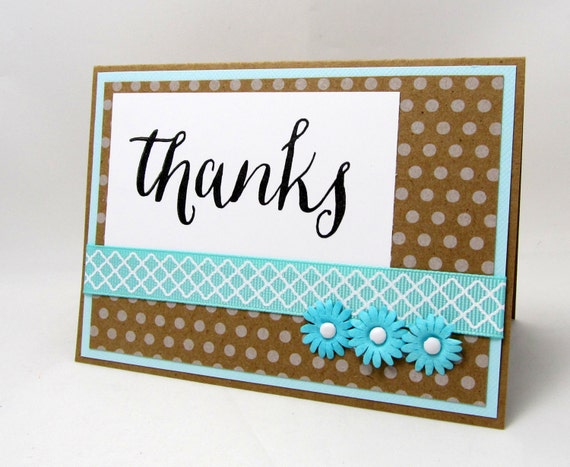 Thanks - Thank You Card - Kraft Card - Blank Card - Turquoise and Brown - Polka Dots - Turquoise Ribbon - Turquoise Flowers - Hand Stamped