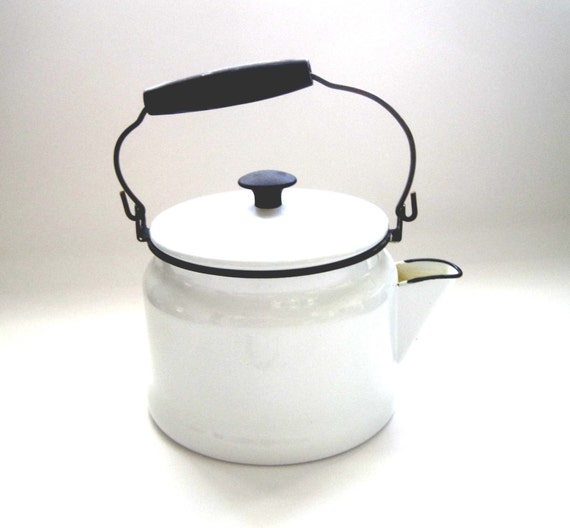White Enamelware Tea Kettle Nice 1940s by SharetheLoveVintage
