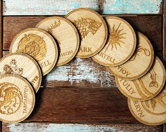 Game of Thrones Coasters set, High Quality Engraved on round wood shape.