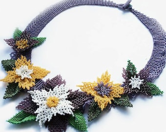 seed bead necklace, seed bead collar, beaded necklace, beadwoven necklace, beadwork, flower necklace, seed bead jewelry, gift idea, bohemian