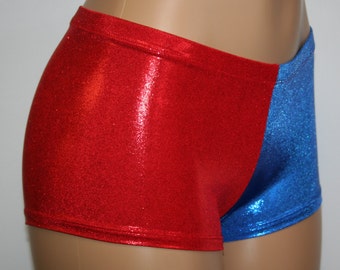 Harley Quinn Suicide Squad Costume Booty Shorts in Red and Blue Matrix Holographic Mini Dot!