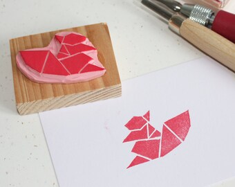 Hand-carved rubber stamp - Origami Squirrel
