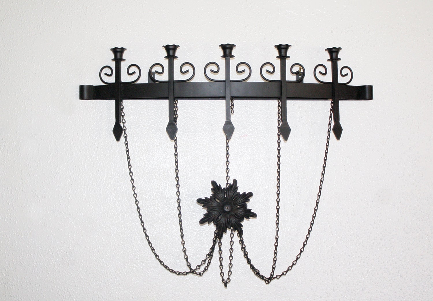 Vintage Black Iron Wall Candelabra Five Spiked by QUEENIESECLECTIC