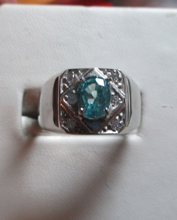 Mens 1.2ct blue zircon fine sterling mens ring with accents
