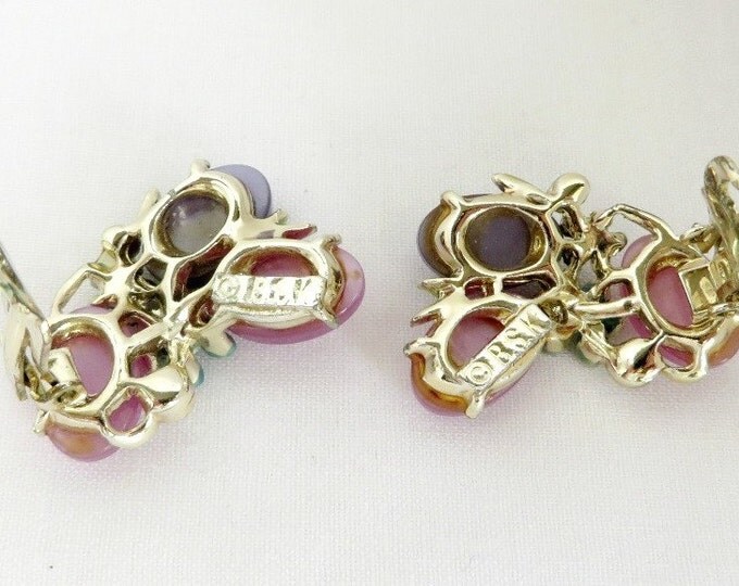 BSK Pink Purple Thermoset Earrings, Vintage Estate Flower Earrings, Signed Designer Costume Jewelry Clip ons