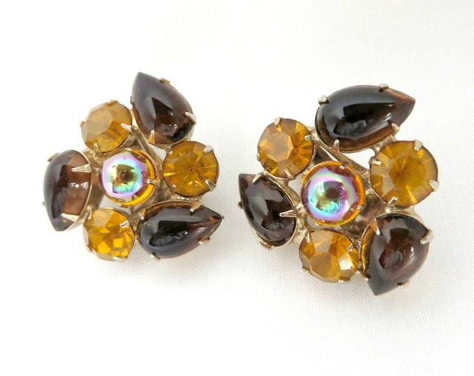 Juliana Amber Earrings, Vintage Rhinestone Amber Brown Gold Tone Clip-on Designer Earrings