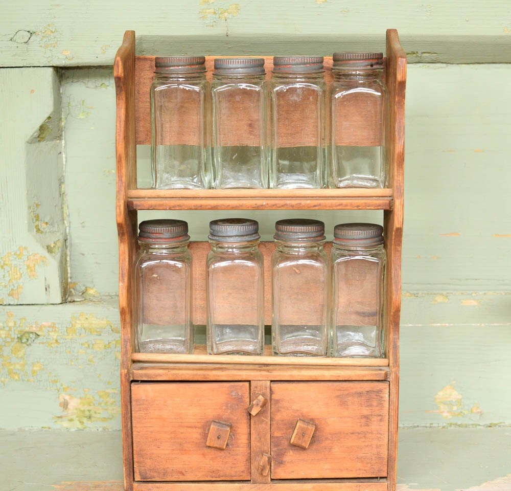 Vintage Primitive Spice Rack Spice Jars