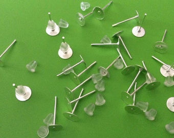 100 sets 6 mm Earring Post with back,Silver plated color,6 mm glue pad,silver earring post, silver ear nuts,silver findings!earring setting,