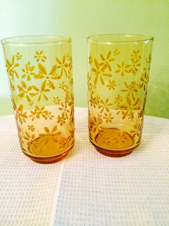Vintage Libby Amber with Flowers Drinking Tumblers/Glasses