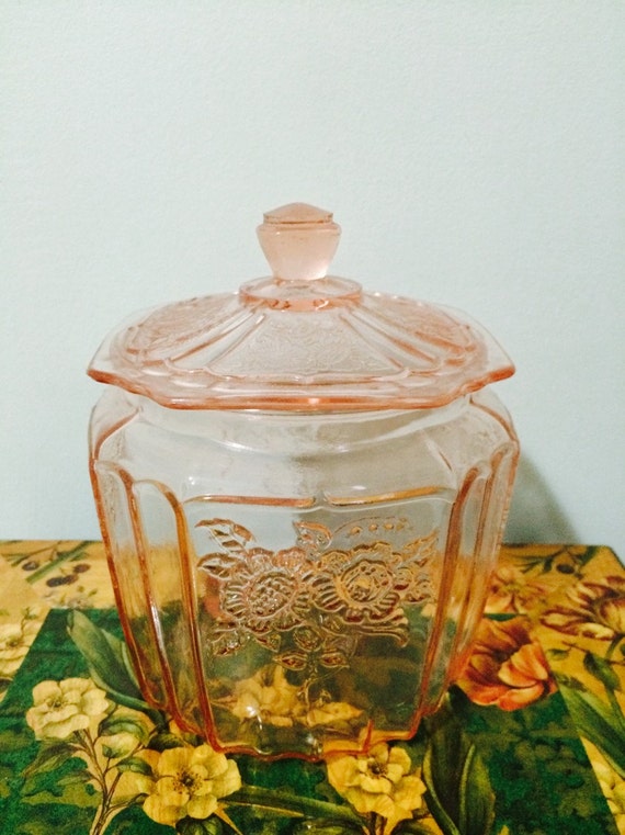 Vintage Mayfair Open Rose Pink Depression Glass Cookie Jar