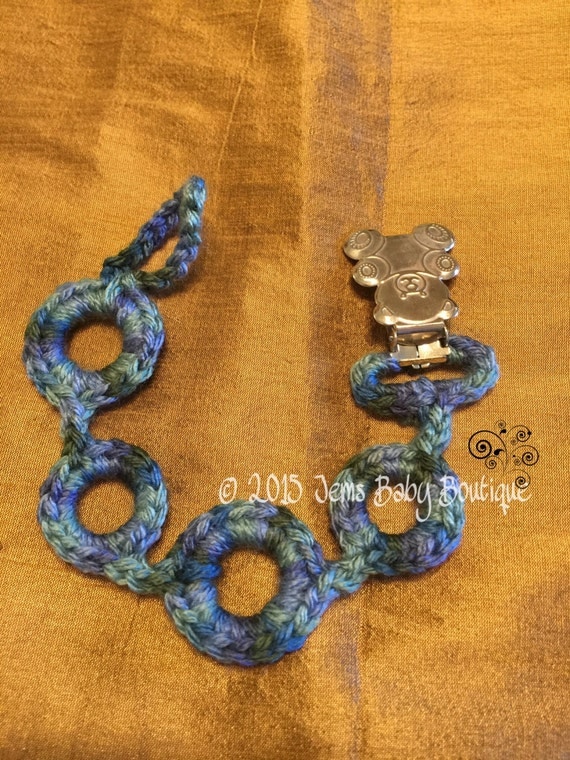 Crochet pacifier holder with bear clasp Ready to Ship Multi