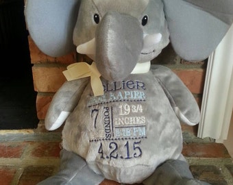 Embroidered Elephant- Birth announcement gift - Embroider buddy - EB - stuffed elephant- monkey stuffed animal