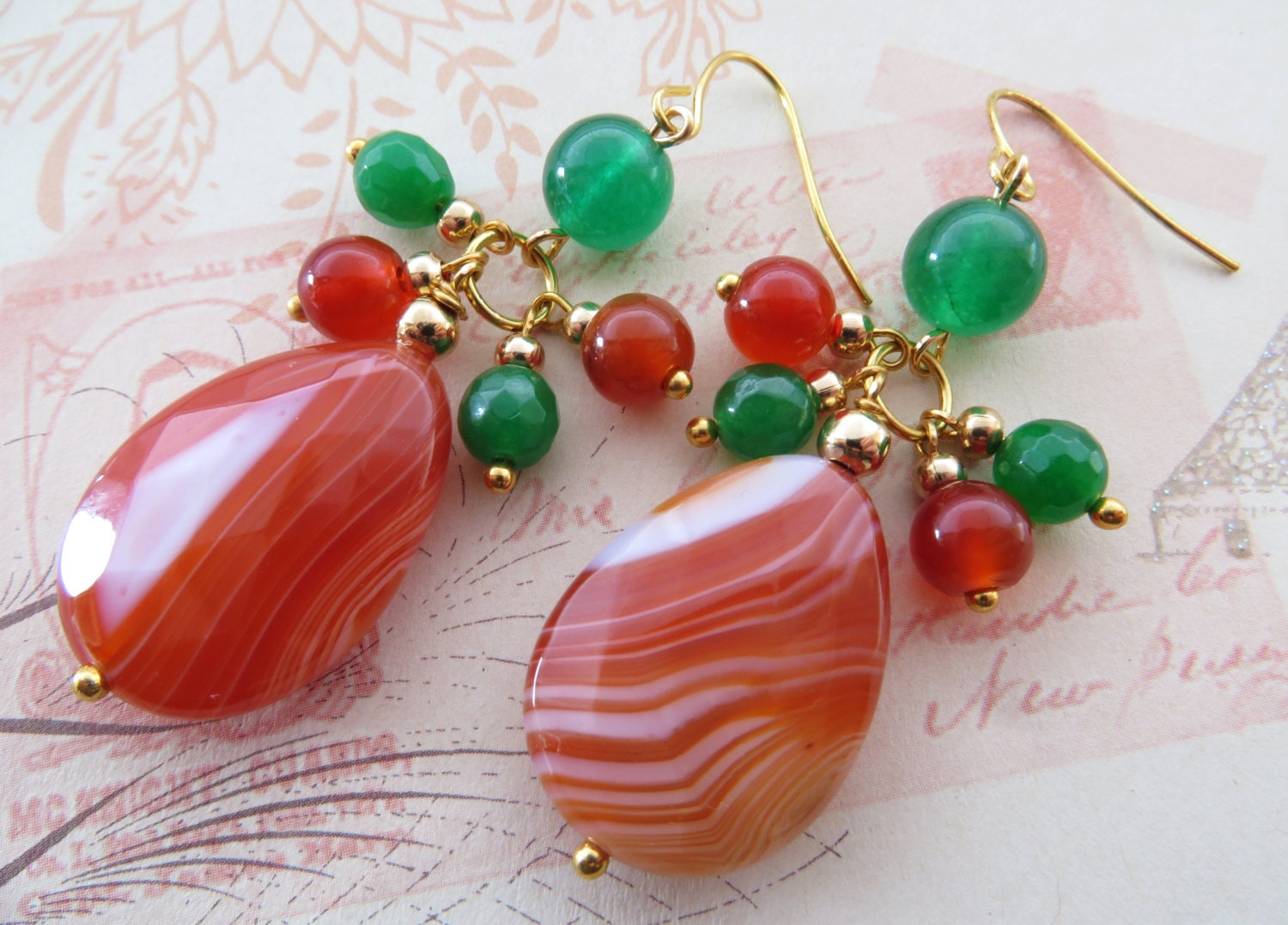 Agate earrings orange gemstone earrings green jade earrings