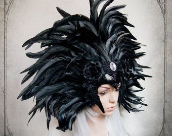 Black Feather Headdress ( goth, fantasy, costume, Headdress, fascinator, )