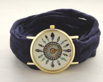 Marine BLEU Round BOHO Wrap Watch Bracelet Stretch Wrist Watch Fashion accessory Women Teens Wrist Tattoo Cover